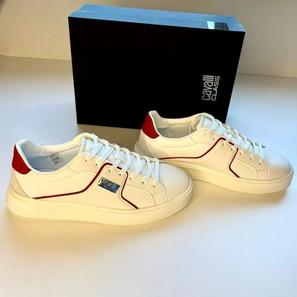 NWT Roberto Cavalli metal logo low top men sneaker in white with red accent Size